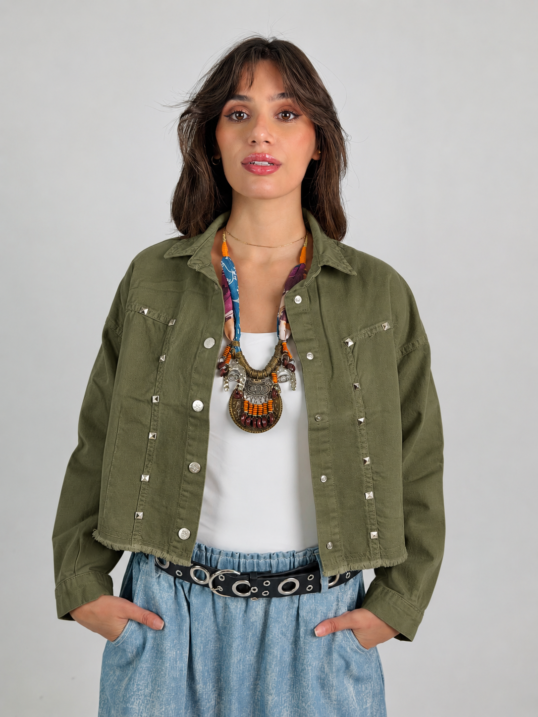 Denim crop Jacket in Olive