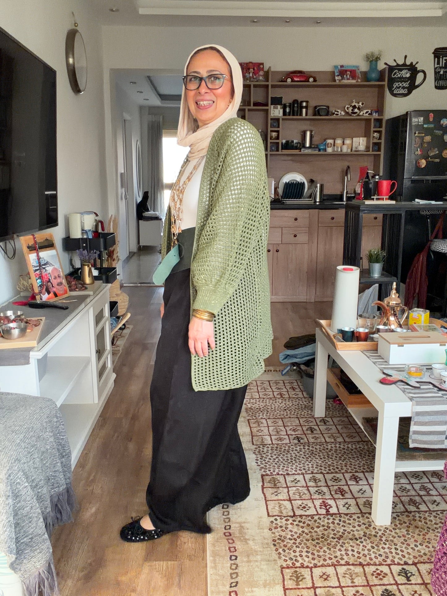 Golden Glow Crochet Kimono in Olive
