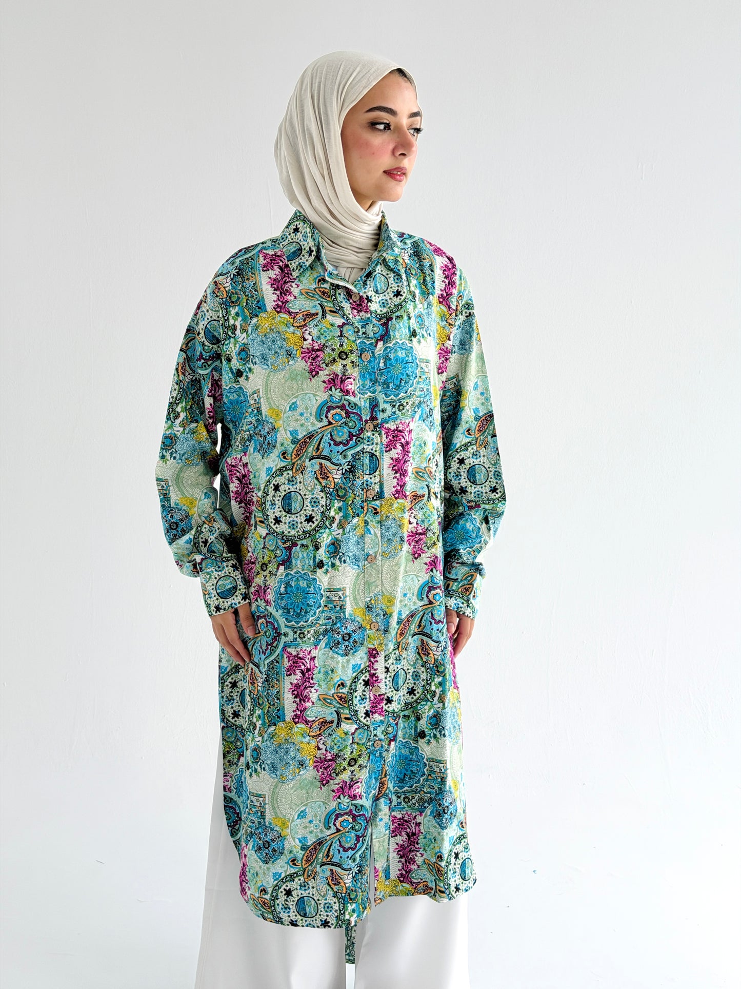 Lora Cotton Shirt Dress in Greenish Turquoise
