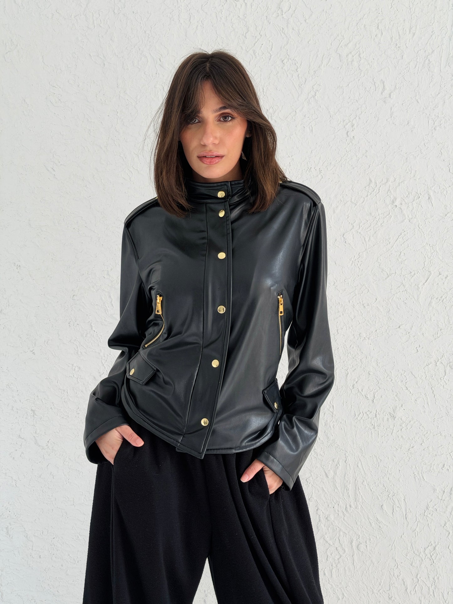 Faux Leather Jacket With Belt In Black