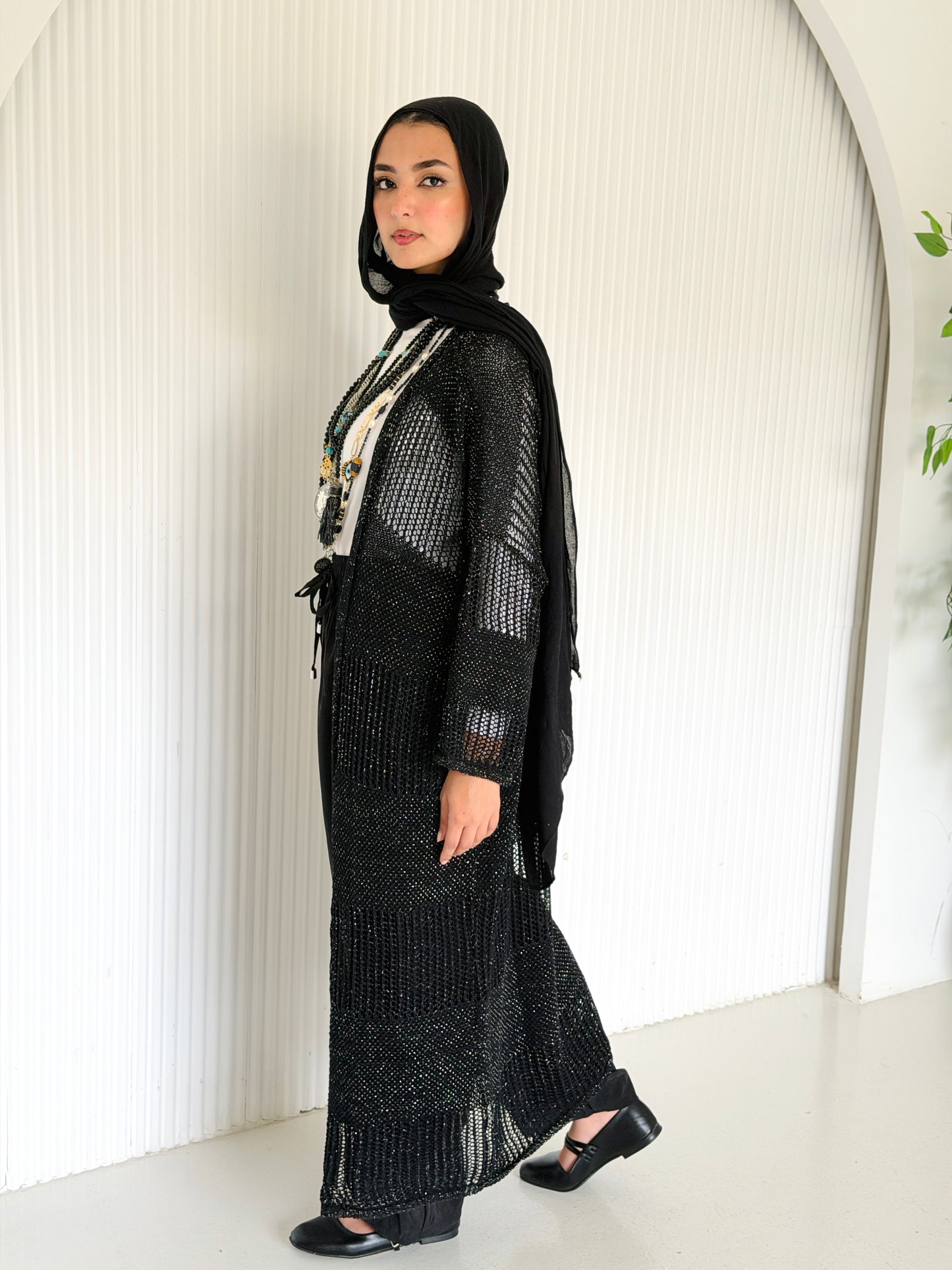 Eclipse Shimmer Crochet Cardigan In Black