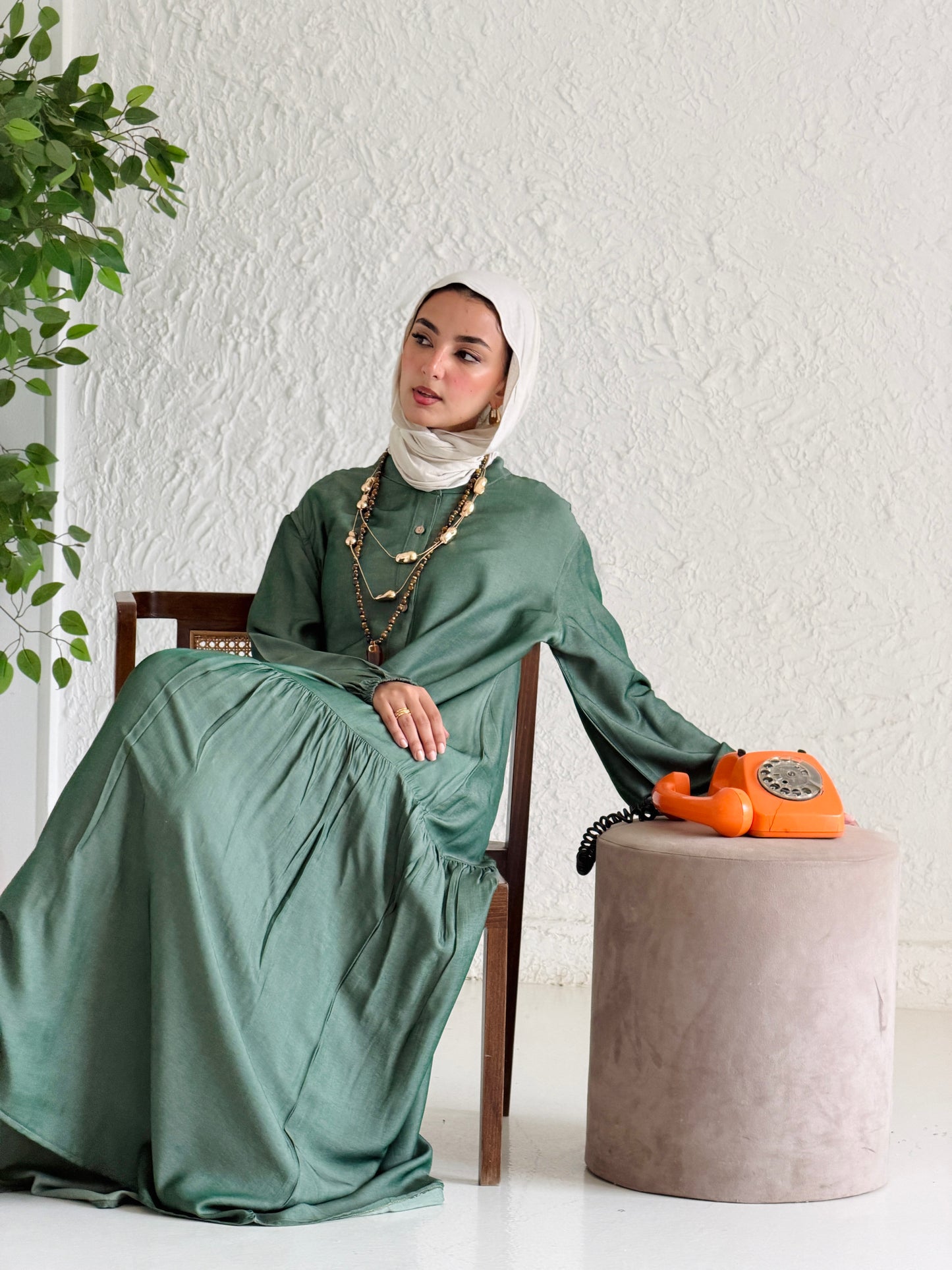 Glow Button Dress In Forest Olive