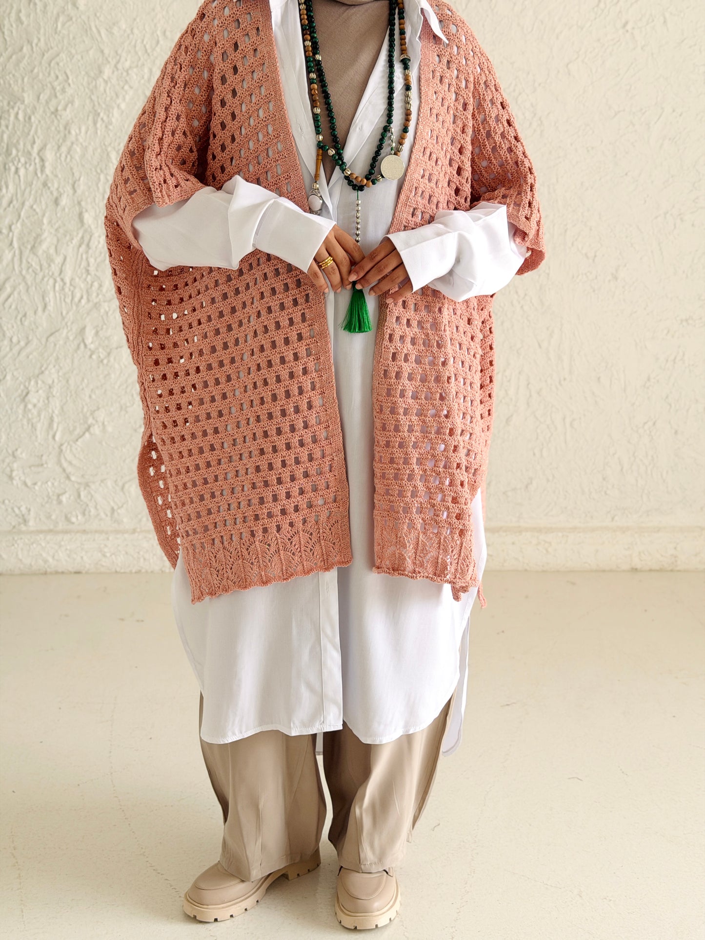 Shimmer Crochet Kimono Vest In Nude Peach