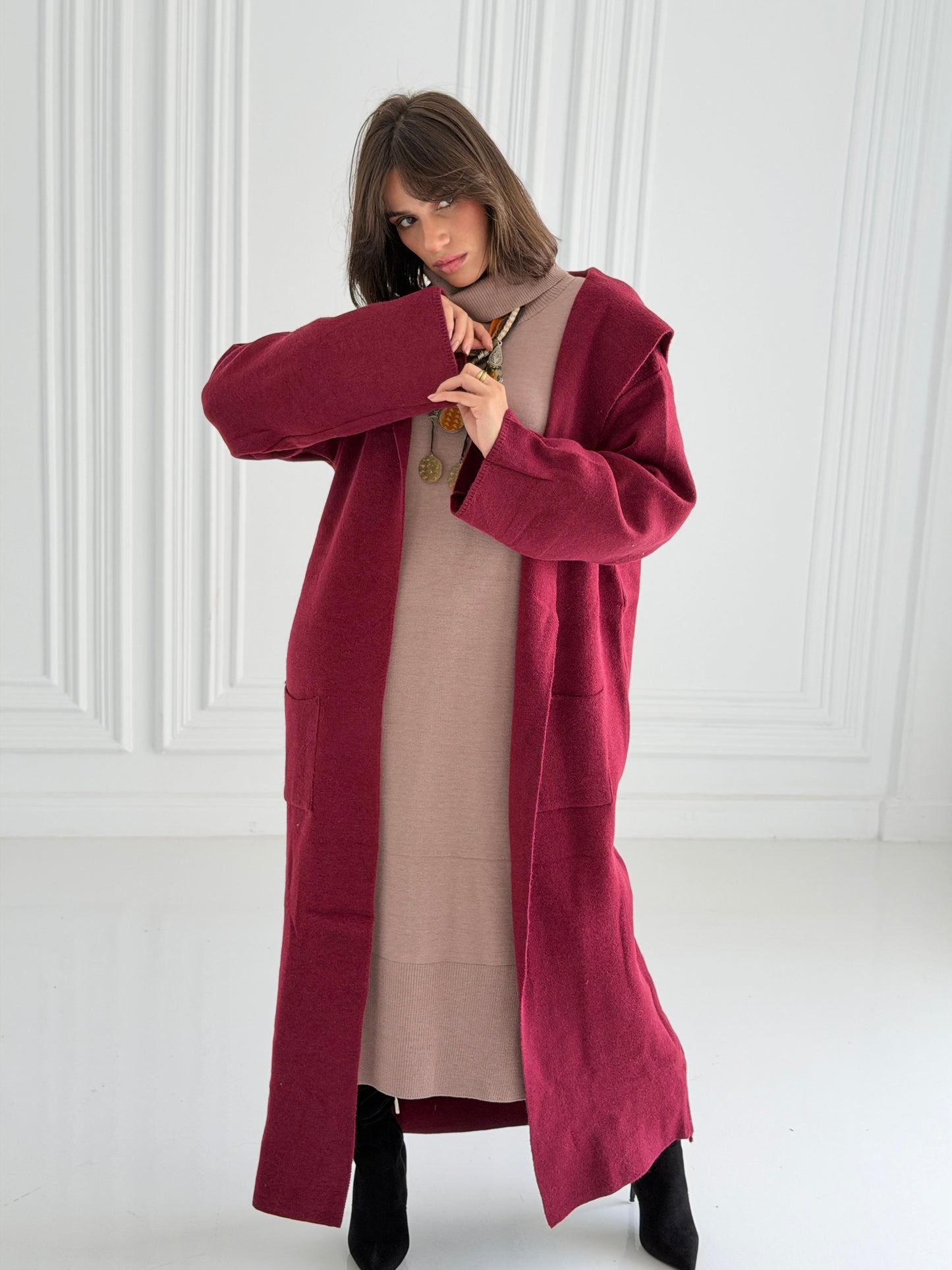 The Tranquil Knit Maxi Coat In Burgundy