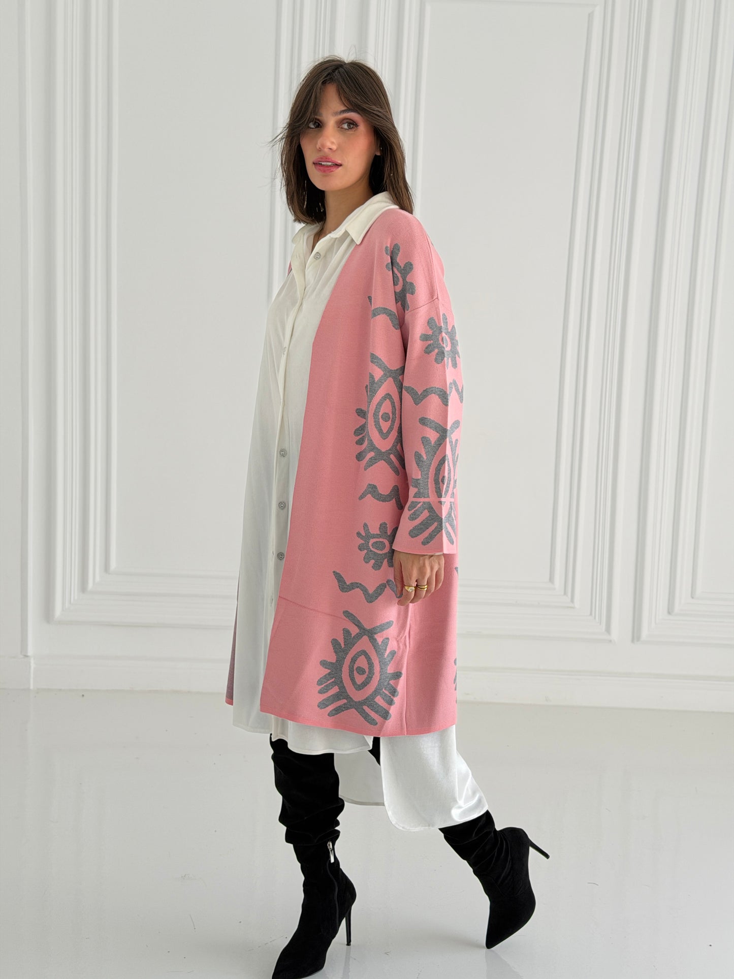 Boho Knitted coat In Pink