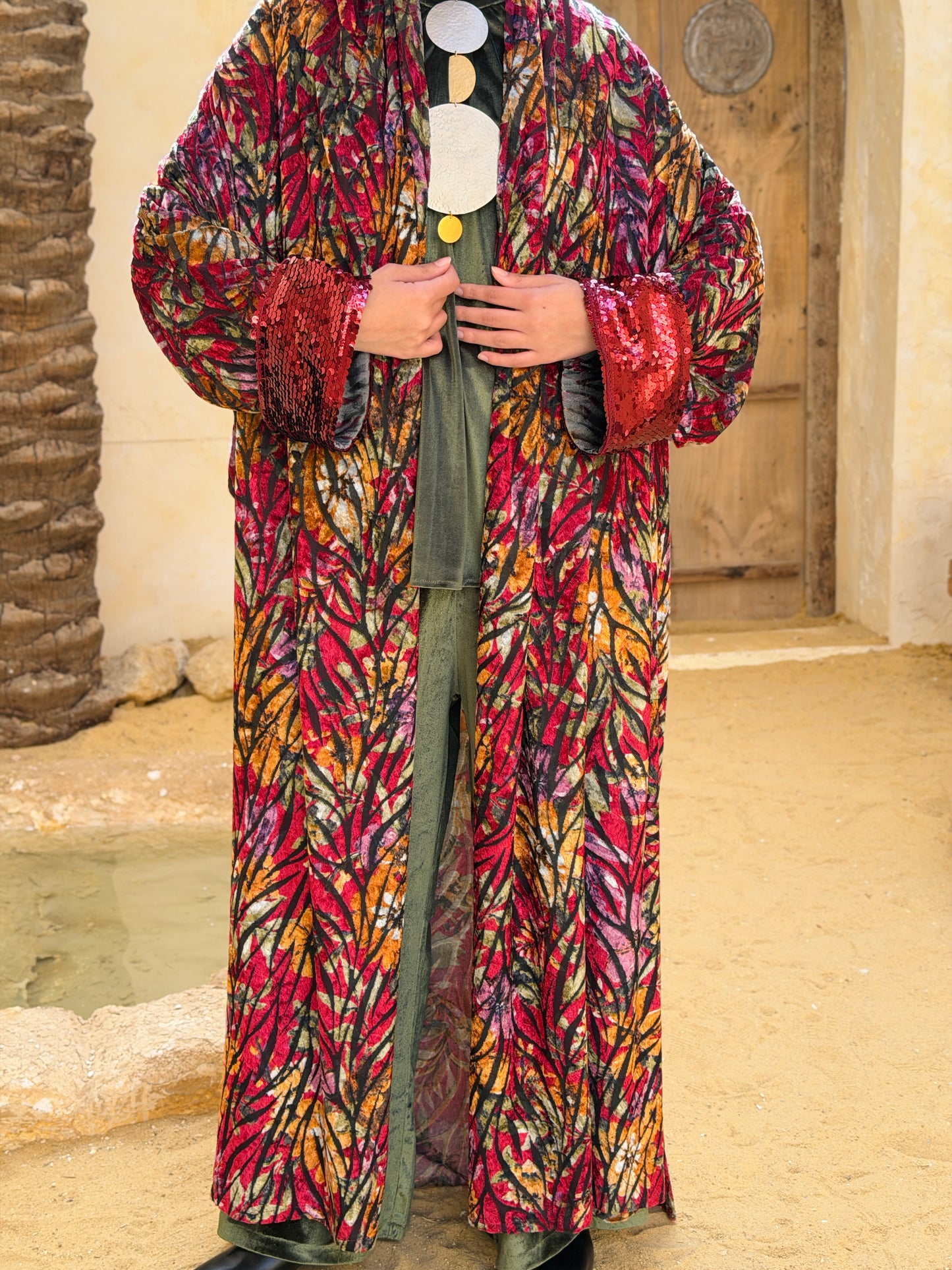 Atheer velvet Abaya in floral Red._أَثِير