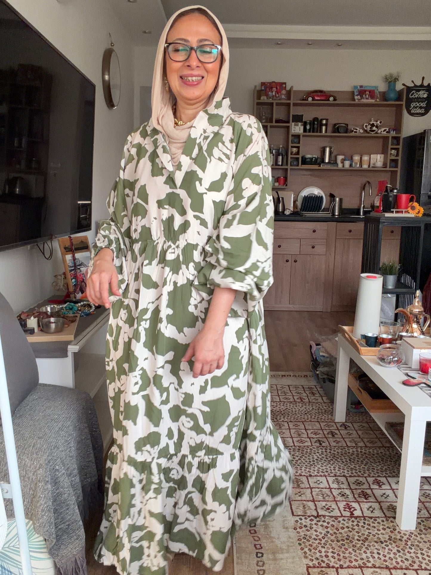 Cloud Print Maxi Dress in Olive
