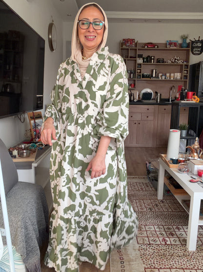 Cloud Print Maxi Dress in Olive