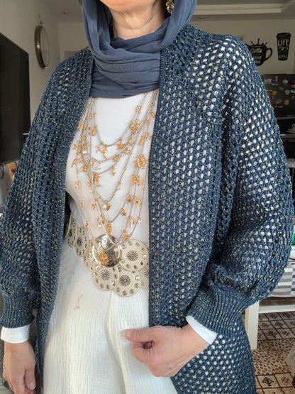Golden Glow Crochet Kimono in Navy