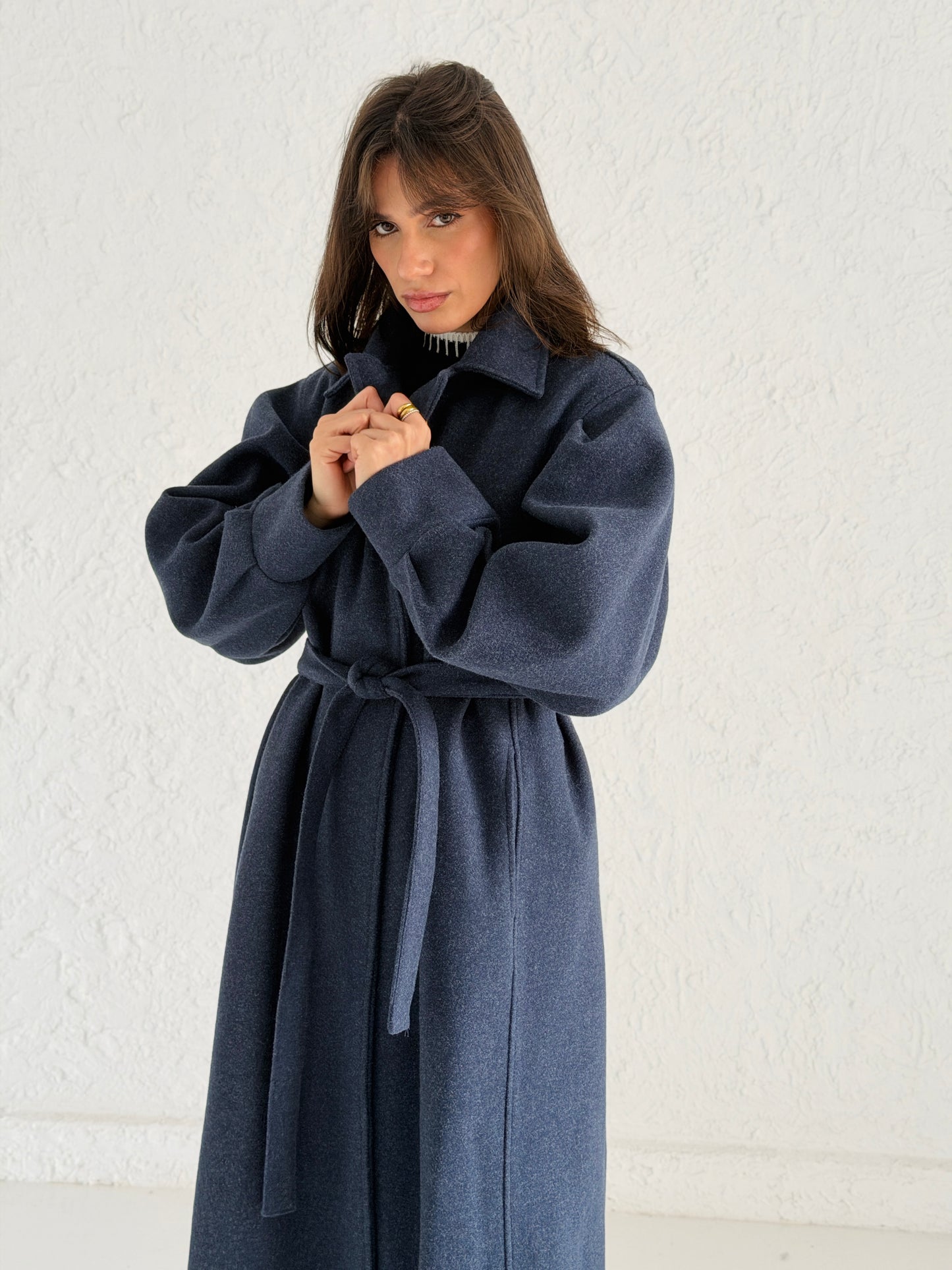 Broad Shoulder wool Coat in Navy