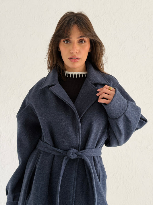 Broad Shoulder wool Coat in Navy