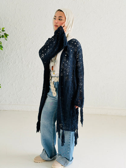 Fringes crochet cardigan in Navy