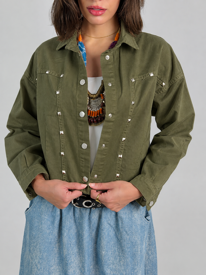 Denim crop Jacket in Olive