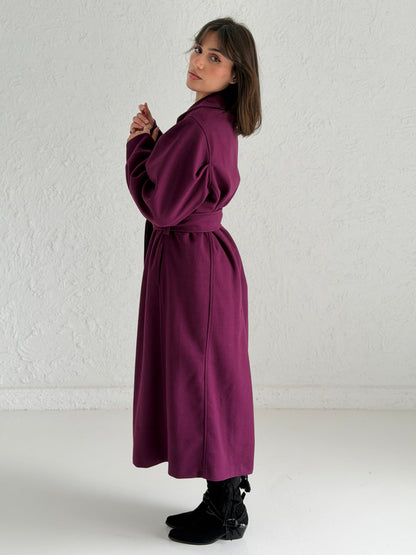Broad Shoulder Wool Coat In Burgundy