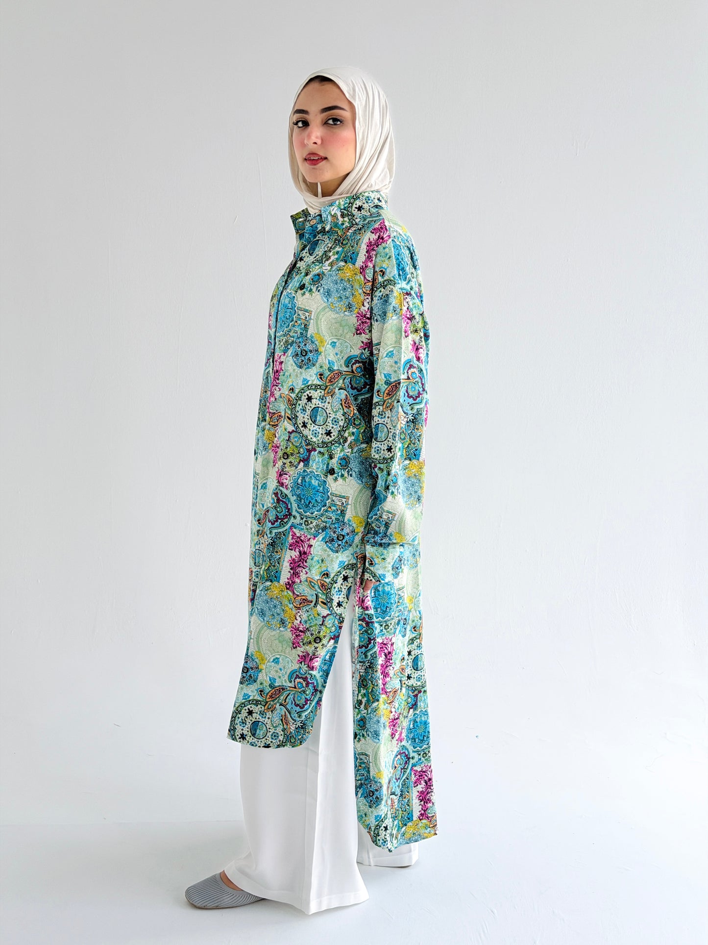 Lora Cotton Shirt Dress in     Greenish Turquoise