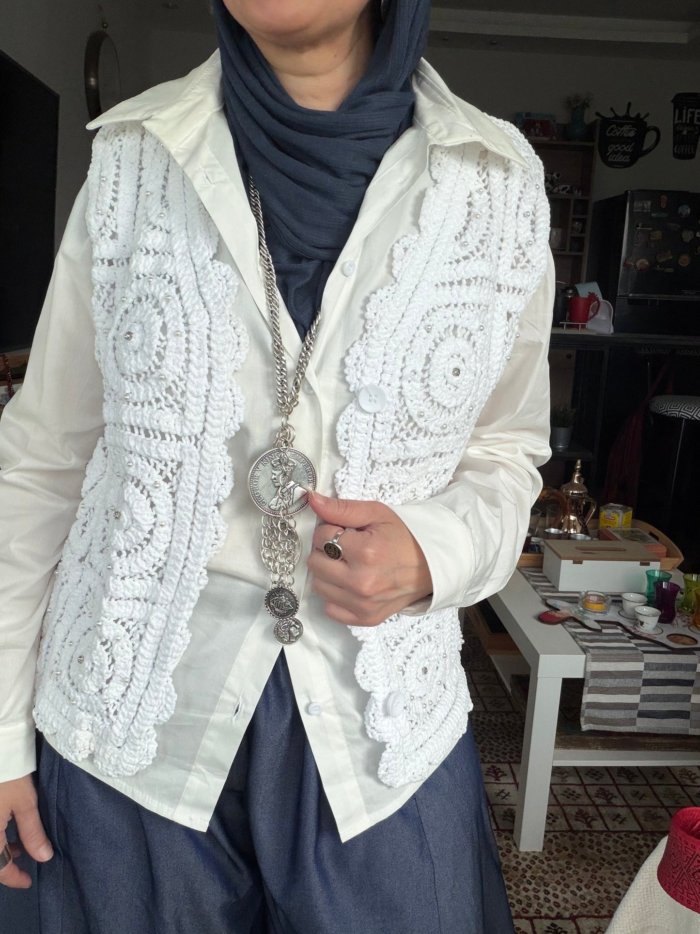 Classic Pearl Crochet Vest in white