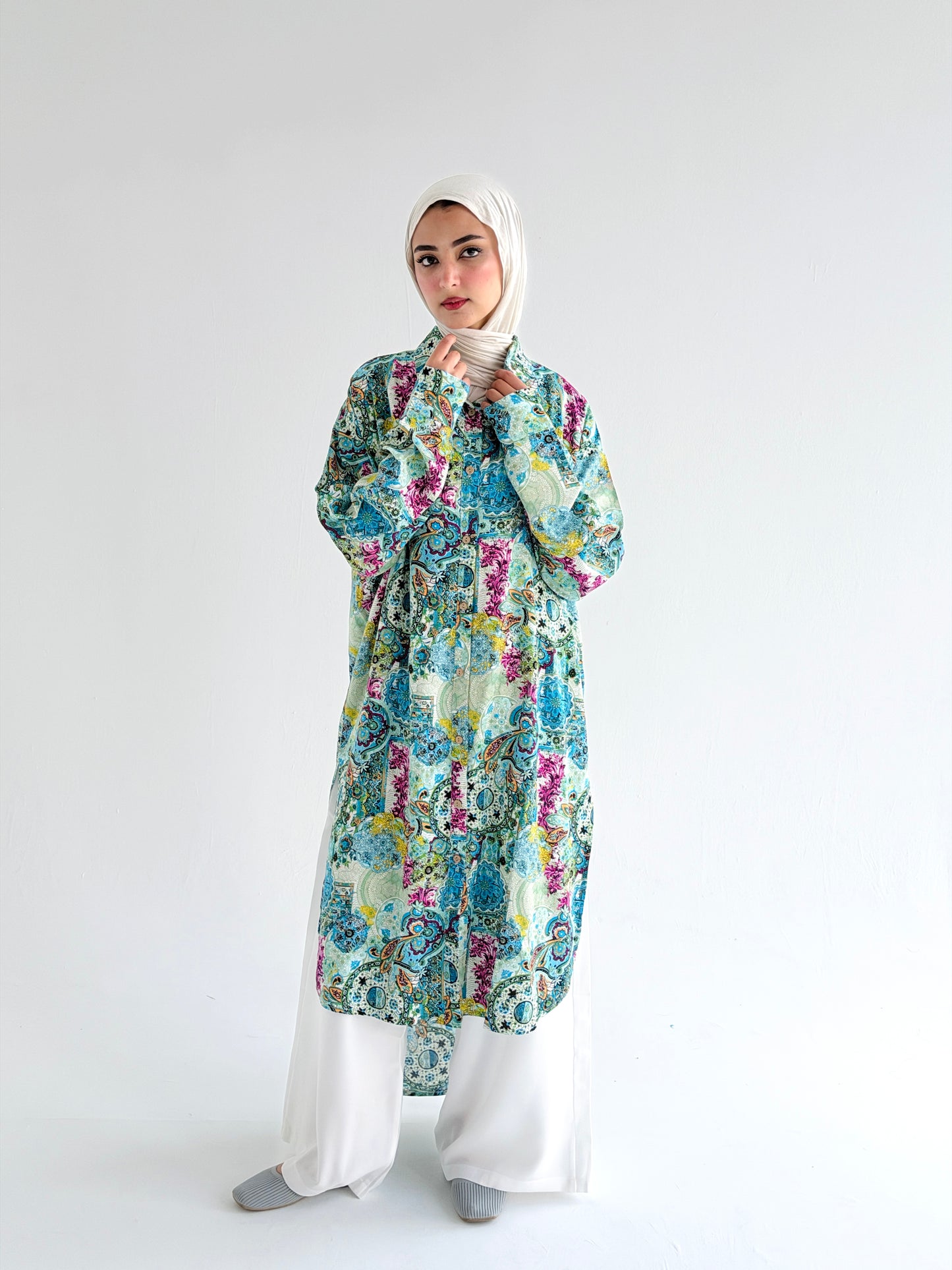 Lora Cotton Shirt Dress in     Greenish Turquoise