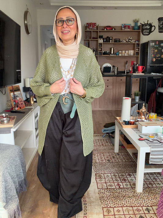 Golden Glow Crochet Kimono in Olive