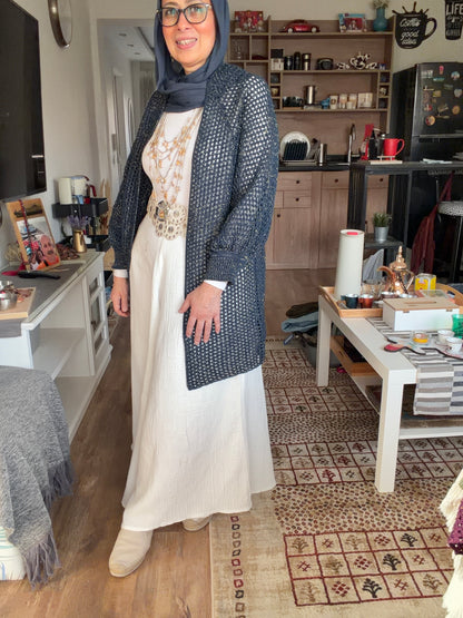 Golden Glow Crochet Kimono in Navy