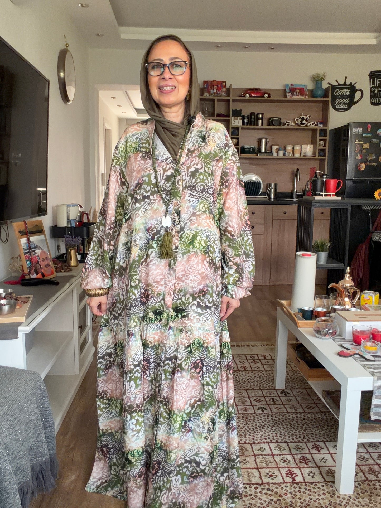 Paradise Cotton Dress in Olive pattern