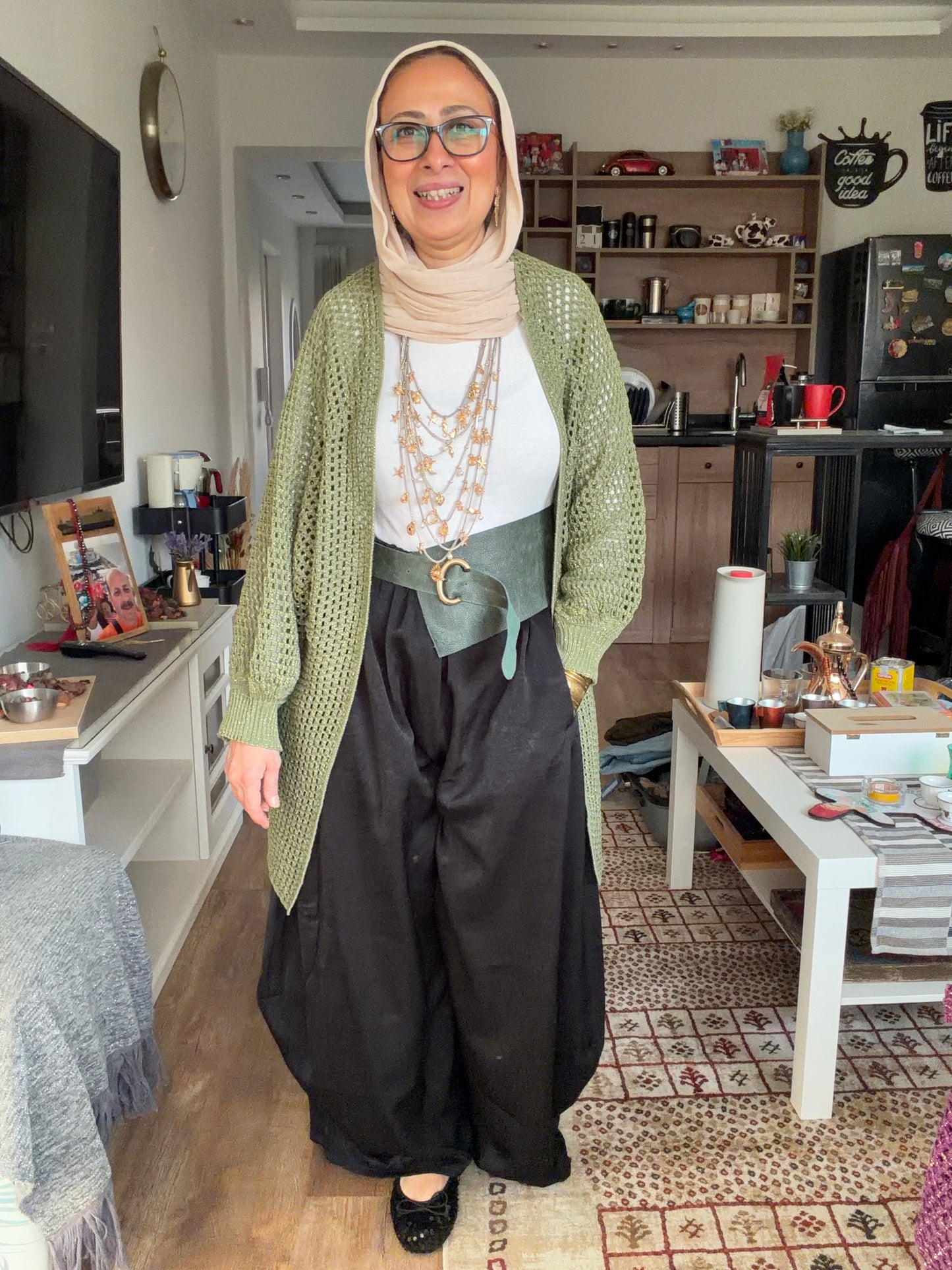 Golden Glow Crochet Kimono in Olive