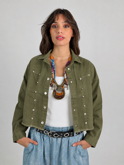 Denim crop Jacket in Olive