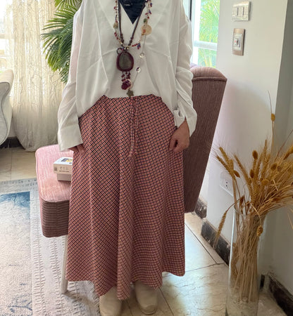 Red Flared Checked Midi Skirt