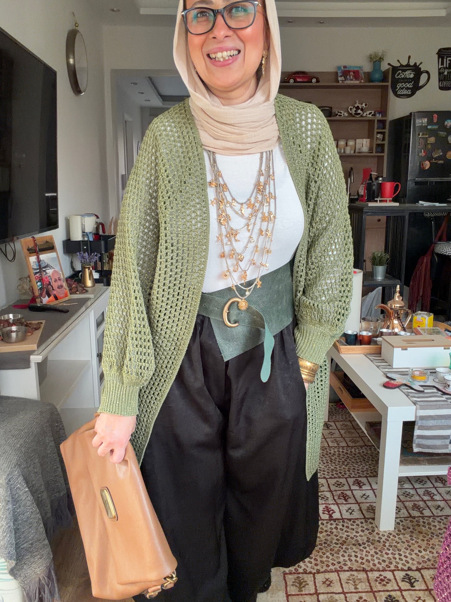Golden Glow Crochet Kimono in Olive