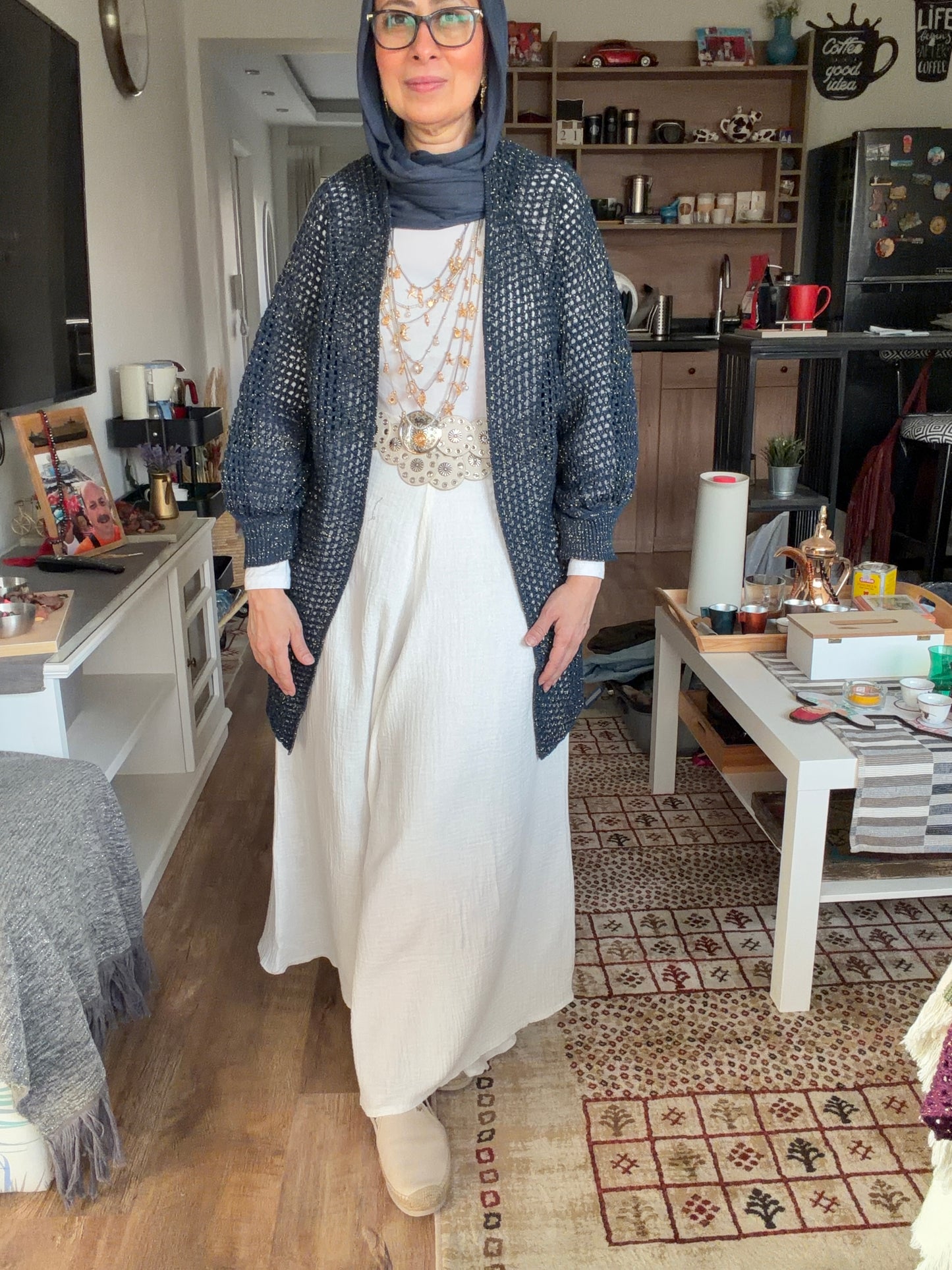 Golden Glow Crochet Kimono in Navy