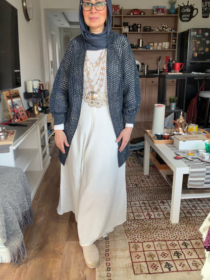 Golden Glow Crochet Kimono in Navy