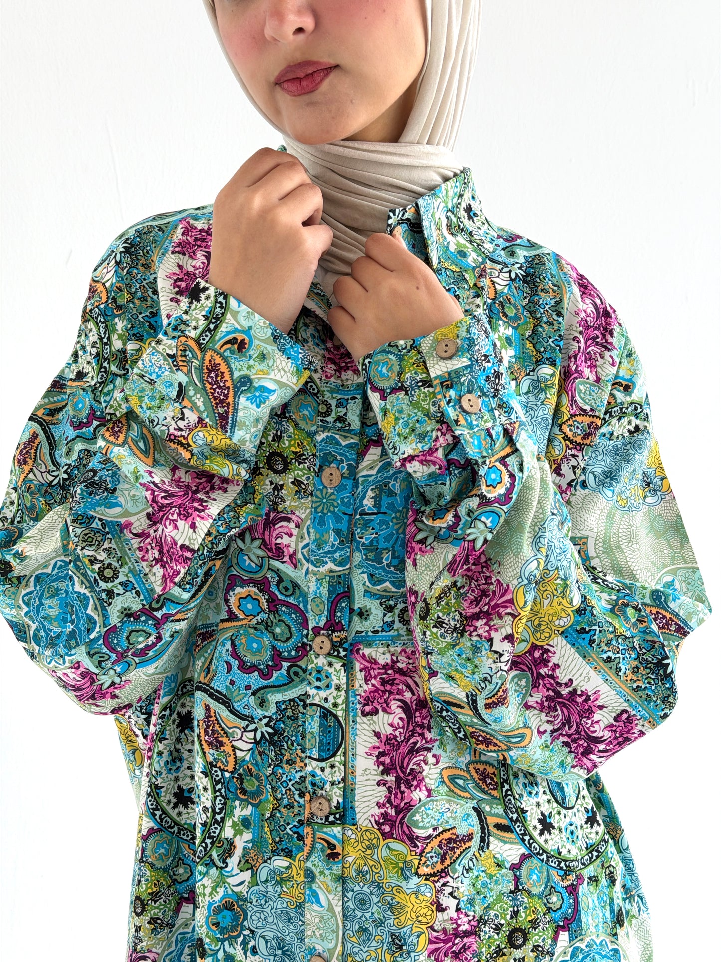 Lora Cotton Shirt Dress in     Greenish Turquoise