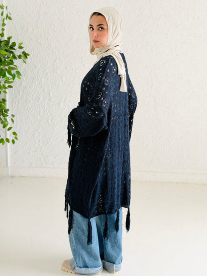 Fringes crochet cardigan in Navy