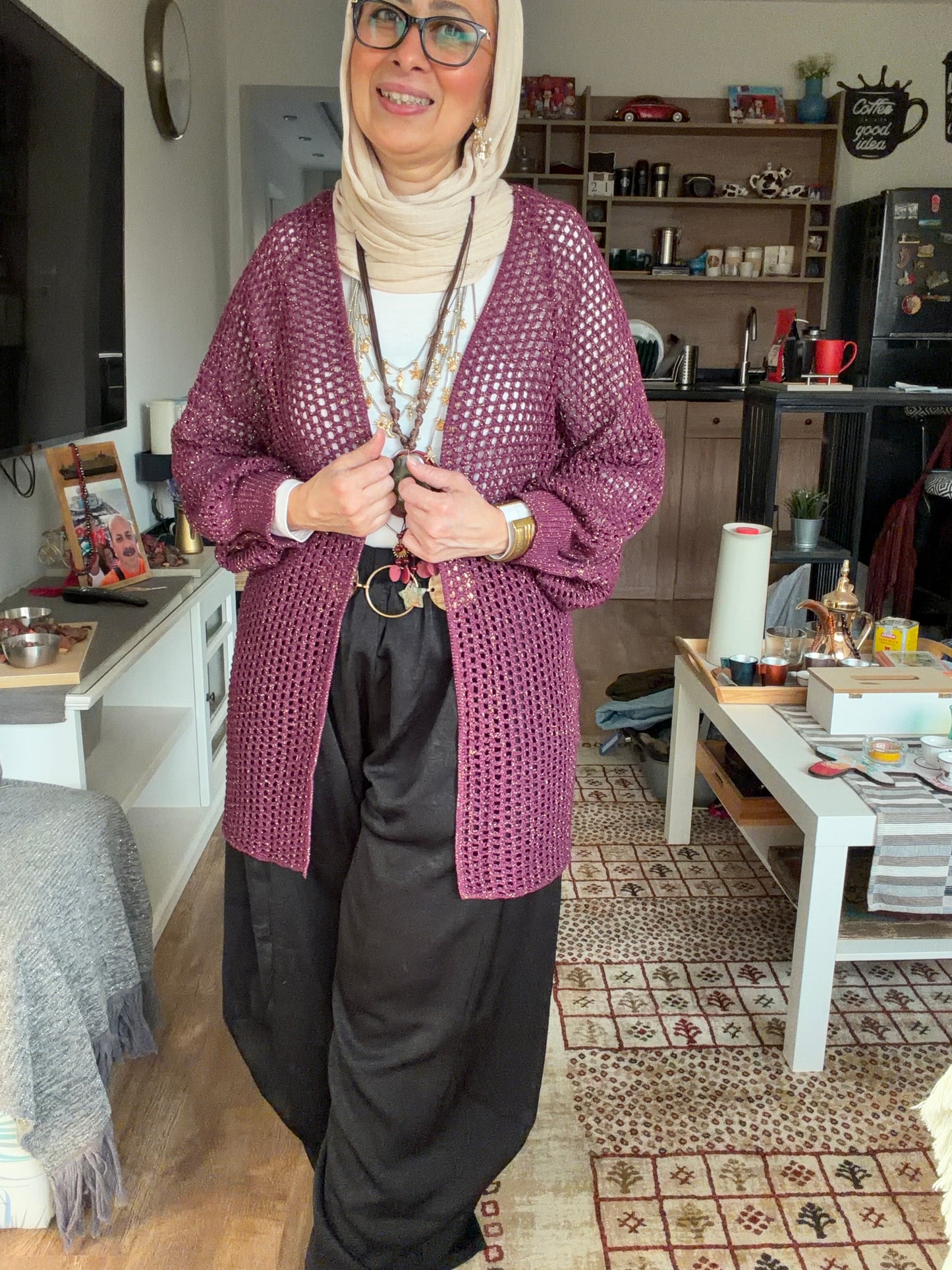 Golden Glow Crochet Kimono in     Berry Ruby