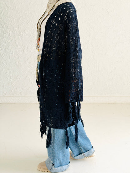 Fringes crochet cardigan in Navy