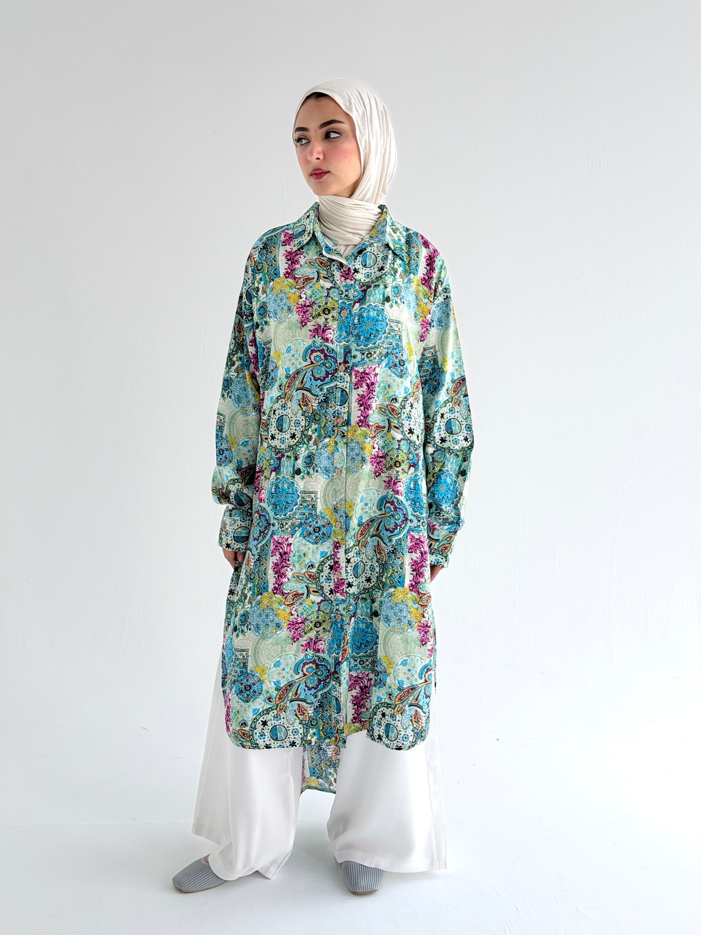 Lora Cotton Shirt Dress in     Greenish Turquoise