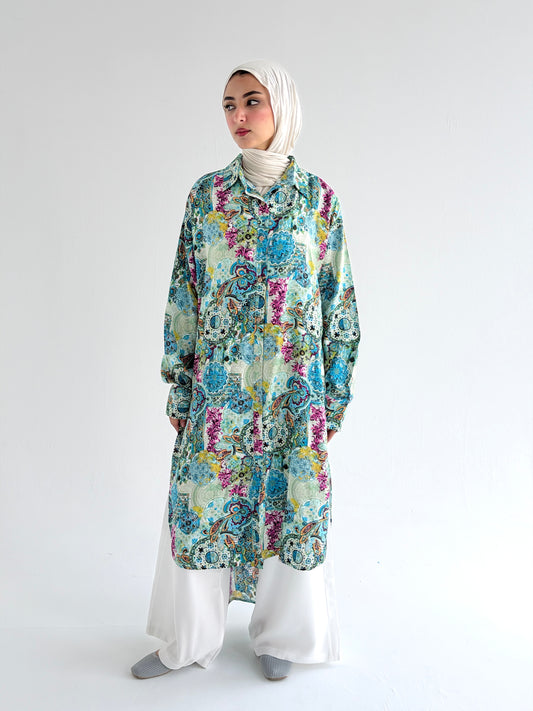 Lora Cotton Shirt Dress in     Greenish Turquoise