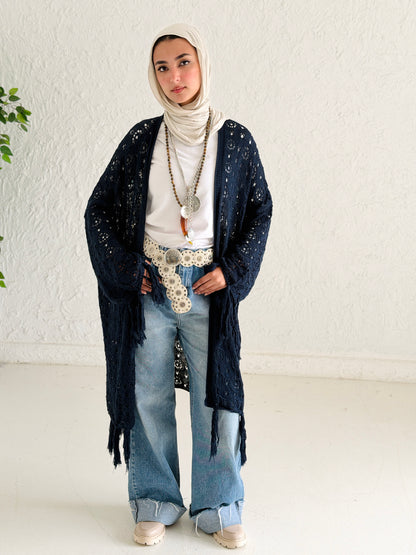 Fringes crochet cardigan in Navy