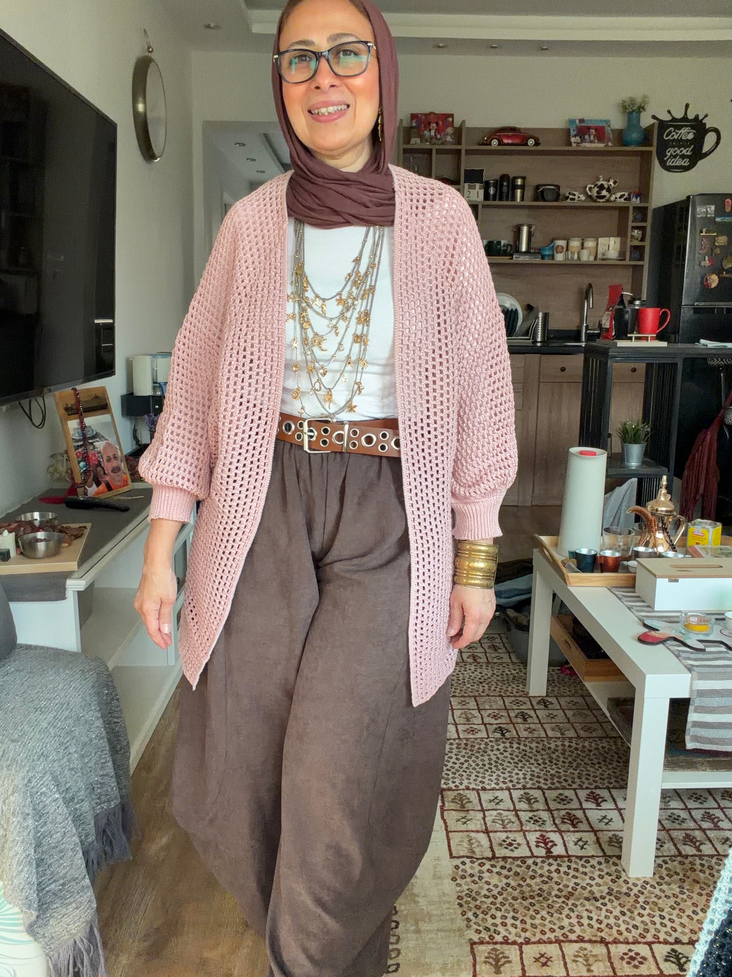 Golden Glow Crochet Kimono in pink