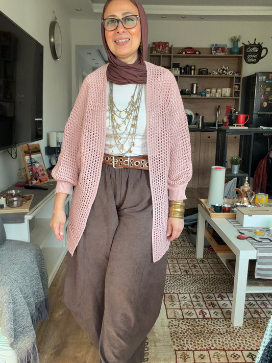 Golden Glow Crochet Kimono in pink