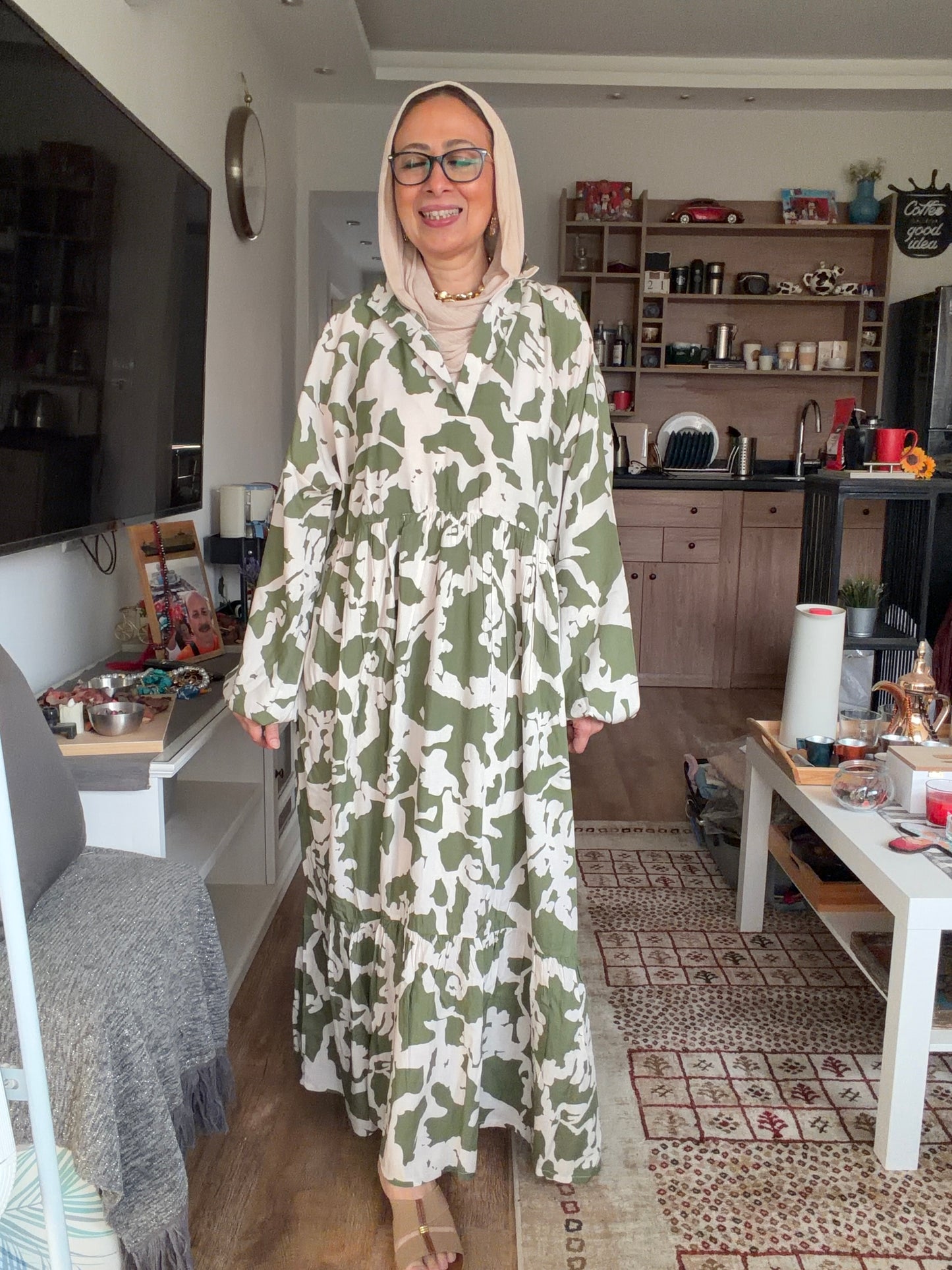 Cloud Print Maxi Dress in Olive
