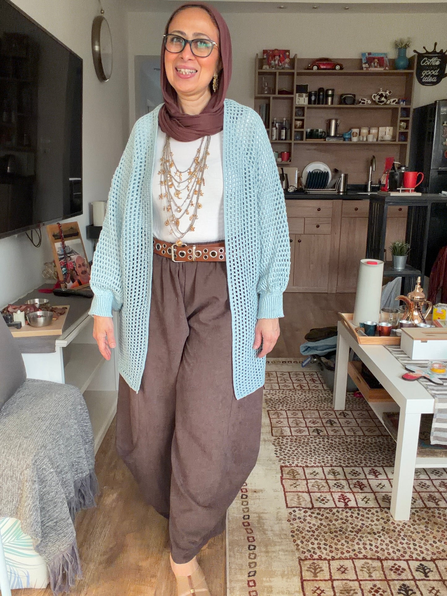Golden Glow Crochet Kimono in Baby Blue