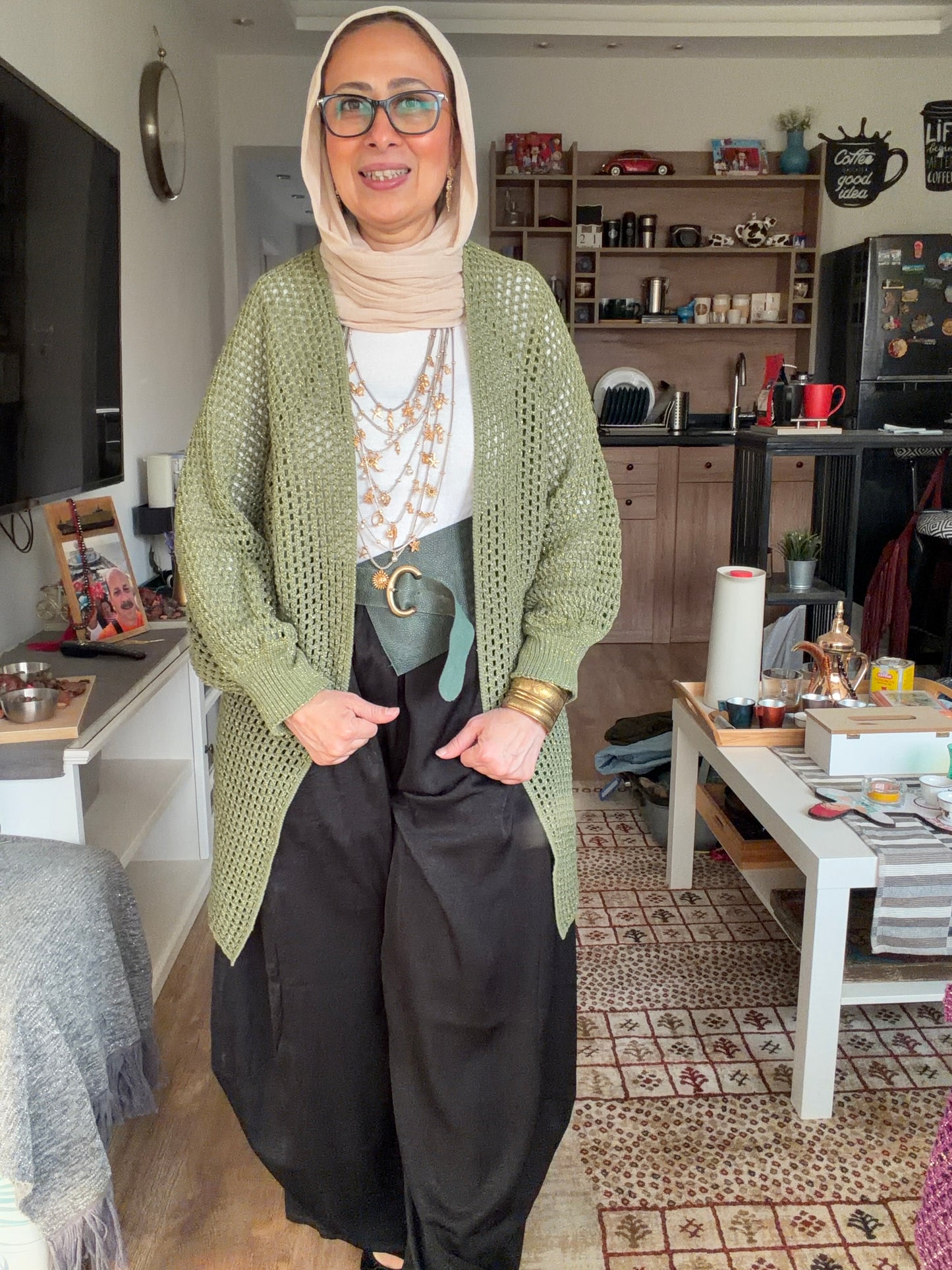 Golden Glow Crochet Kimono in Olive