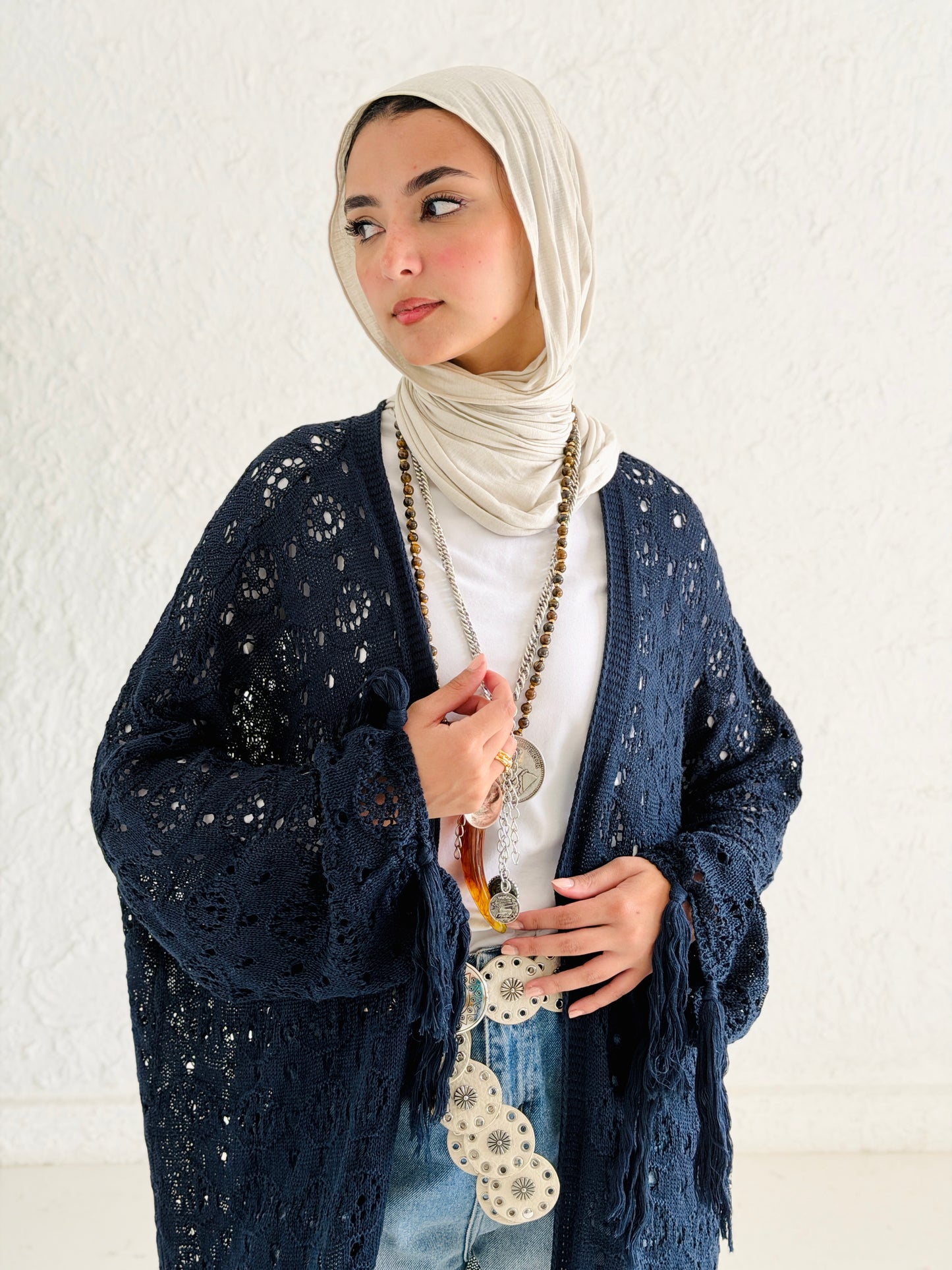 Fringes crochet cardigan in Navy