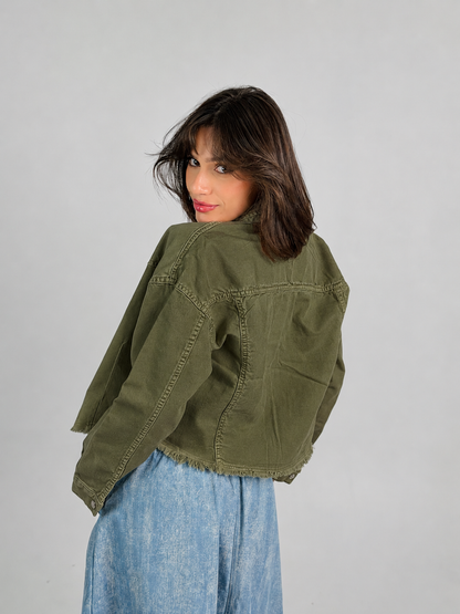 Denim crop Jacket in Olive