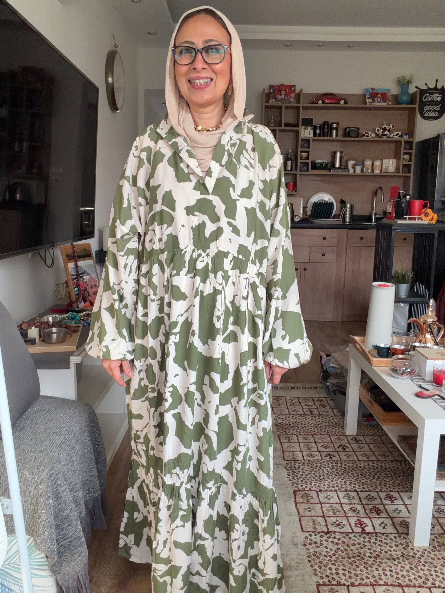 Cloud Print Maxi Dress in Olive