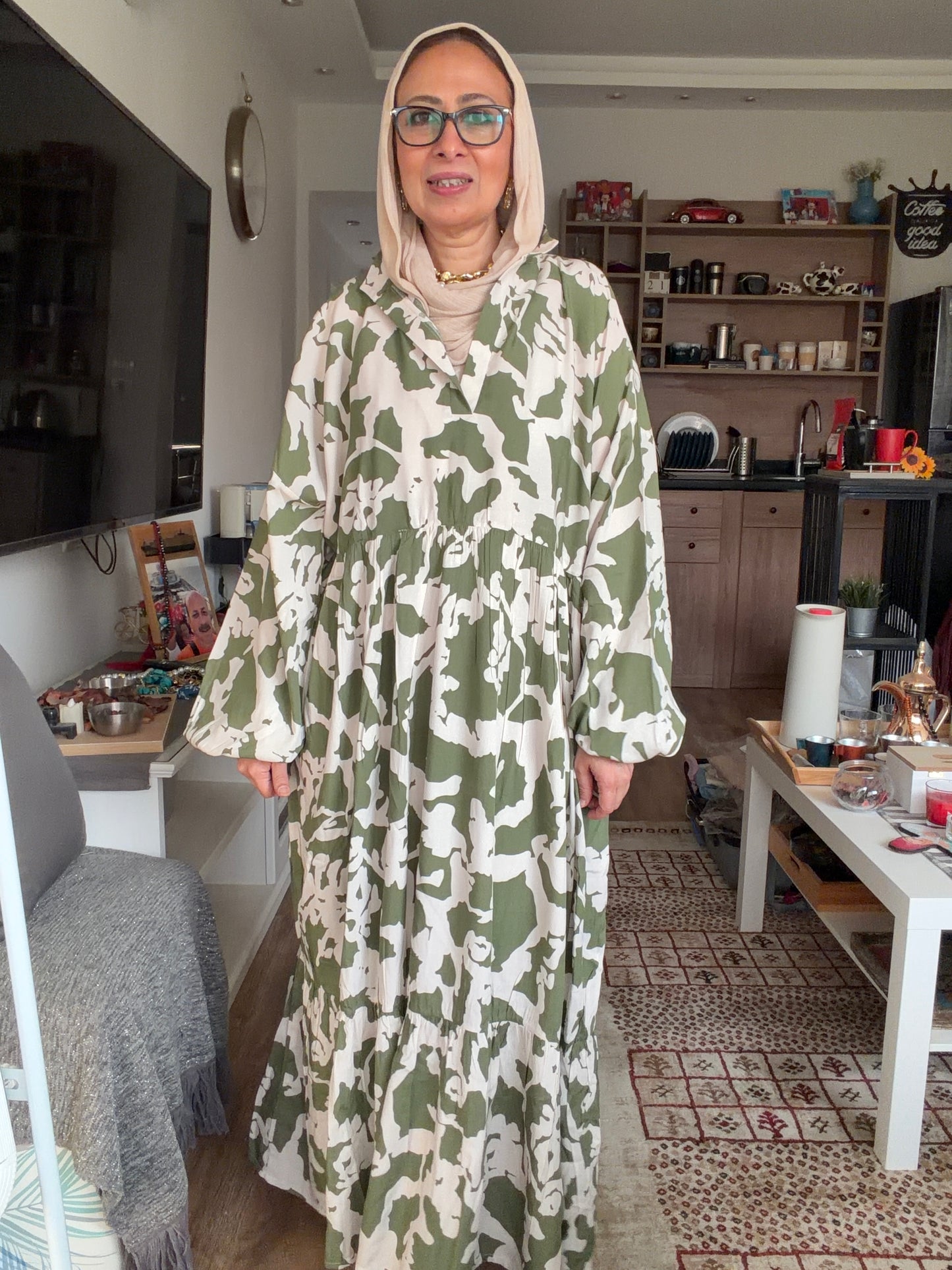 Cloud Print Maxi Dress in Olive