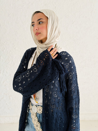 Fringes crochet cardigan in Navy