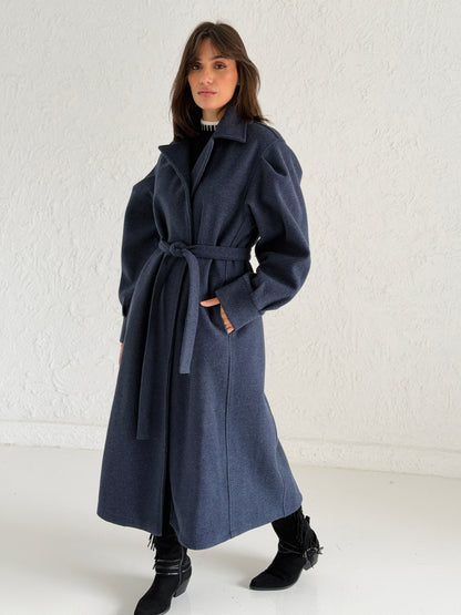 Broad Shoulder wool Coat in Navy