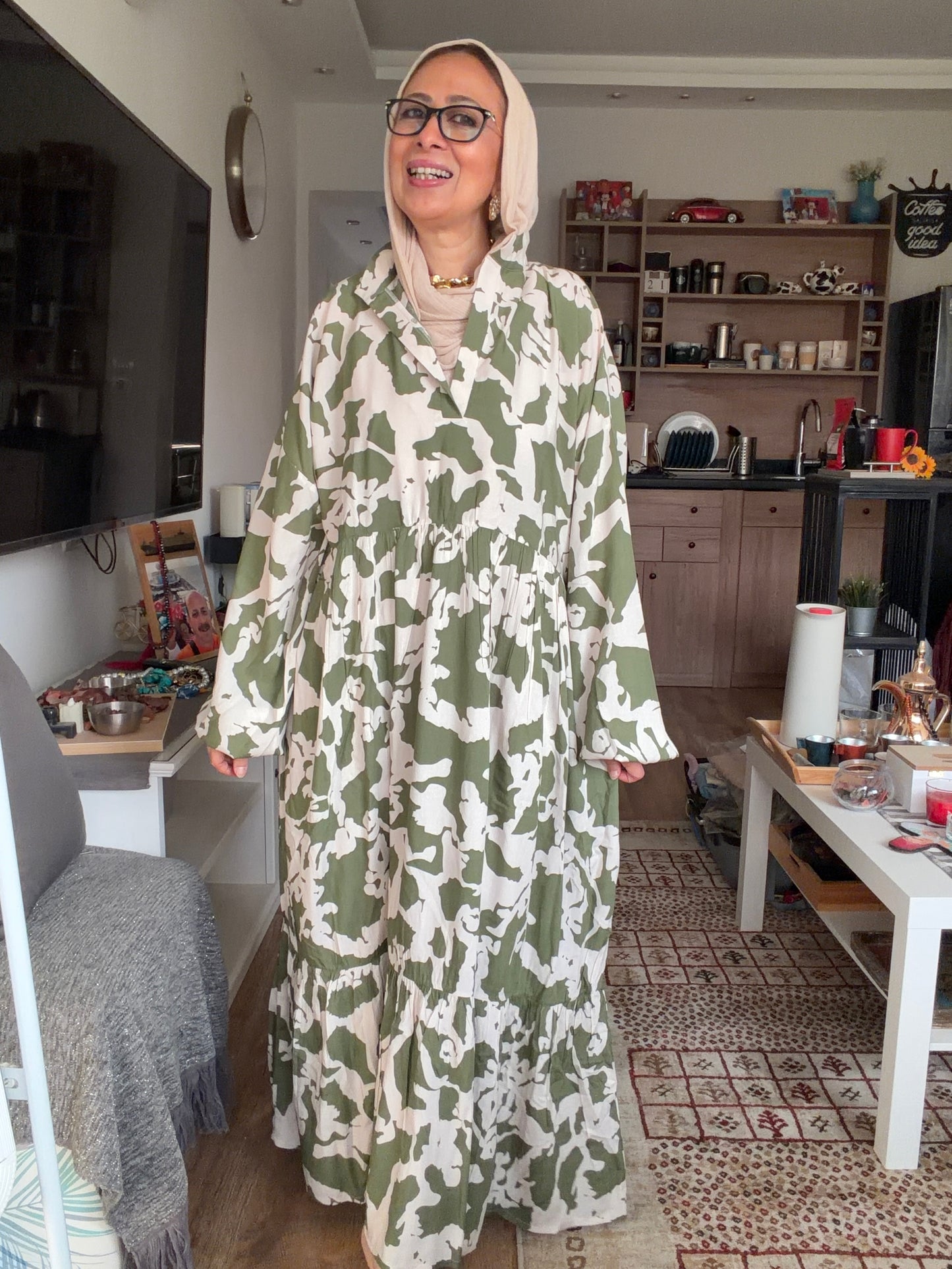 Cloud Print Maxi Dress in Olive
