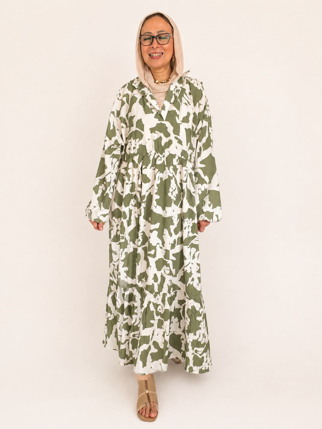 Cloud Print Maxi Dress in Olive